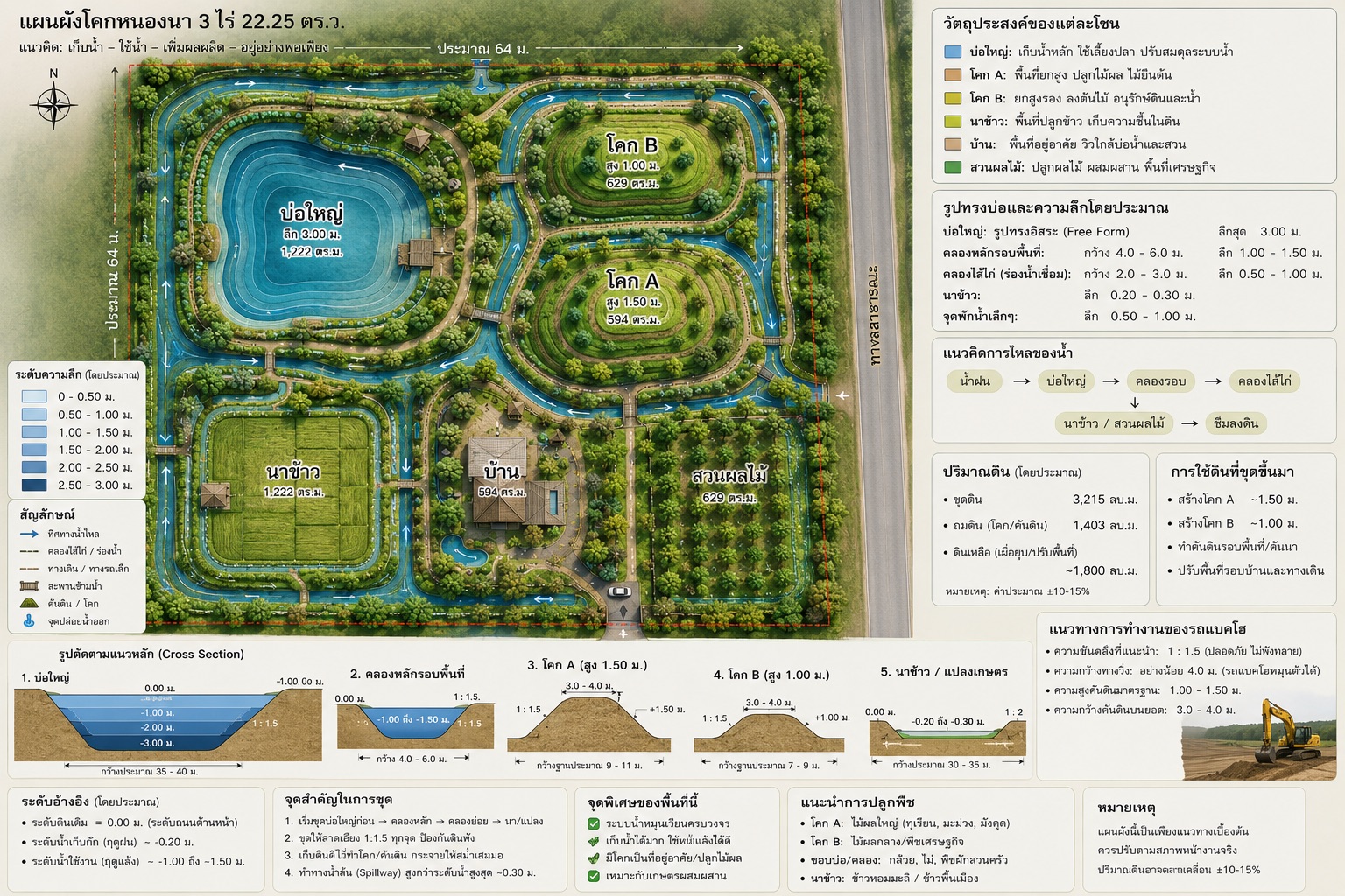 ตัวอย่างผังโคก หนอง นา 3 ไร่ พร้อมรายละเอียด Cross Section